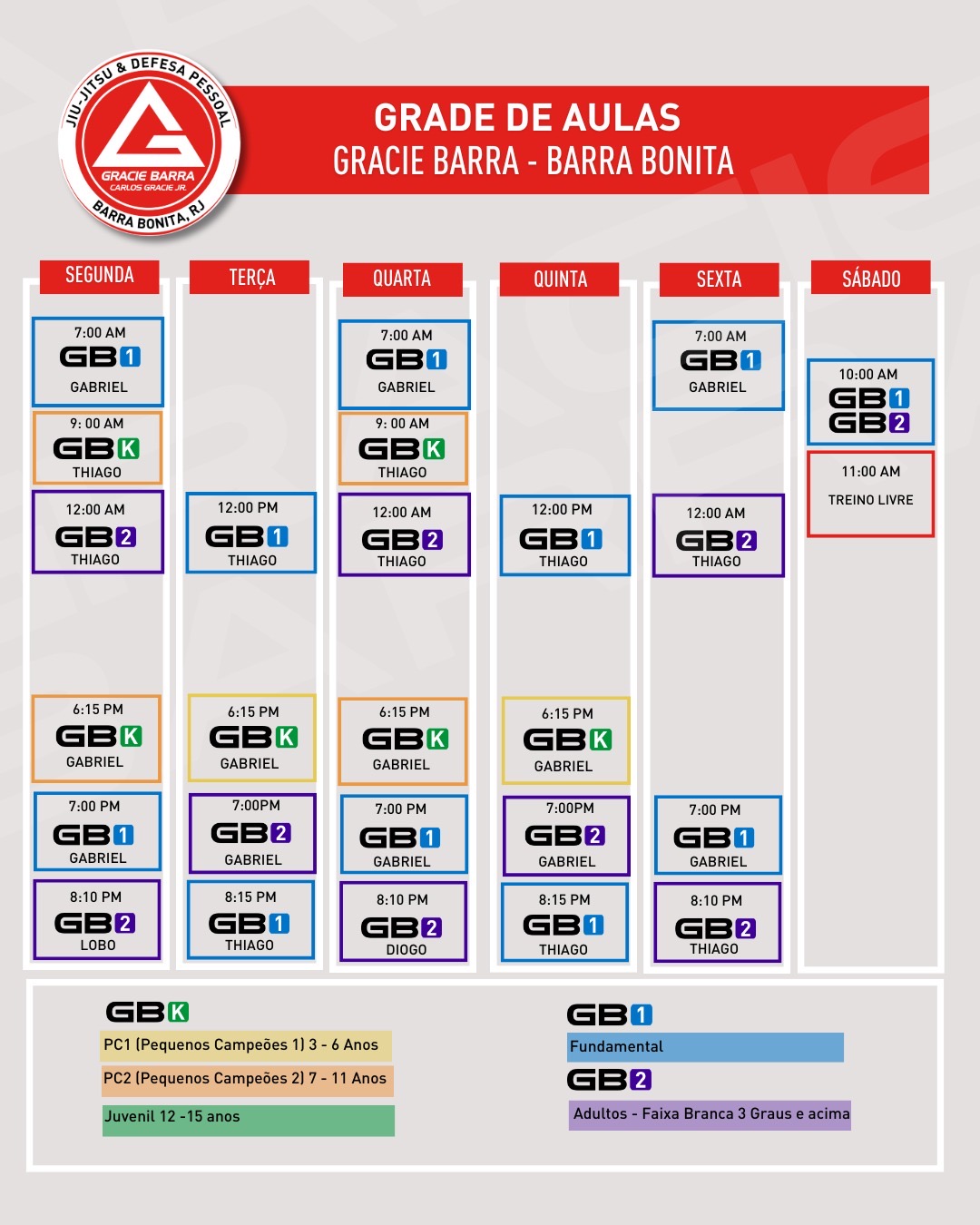 Horários das aulas - versão desktop